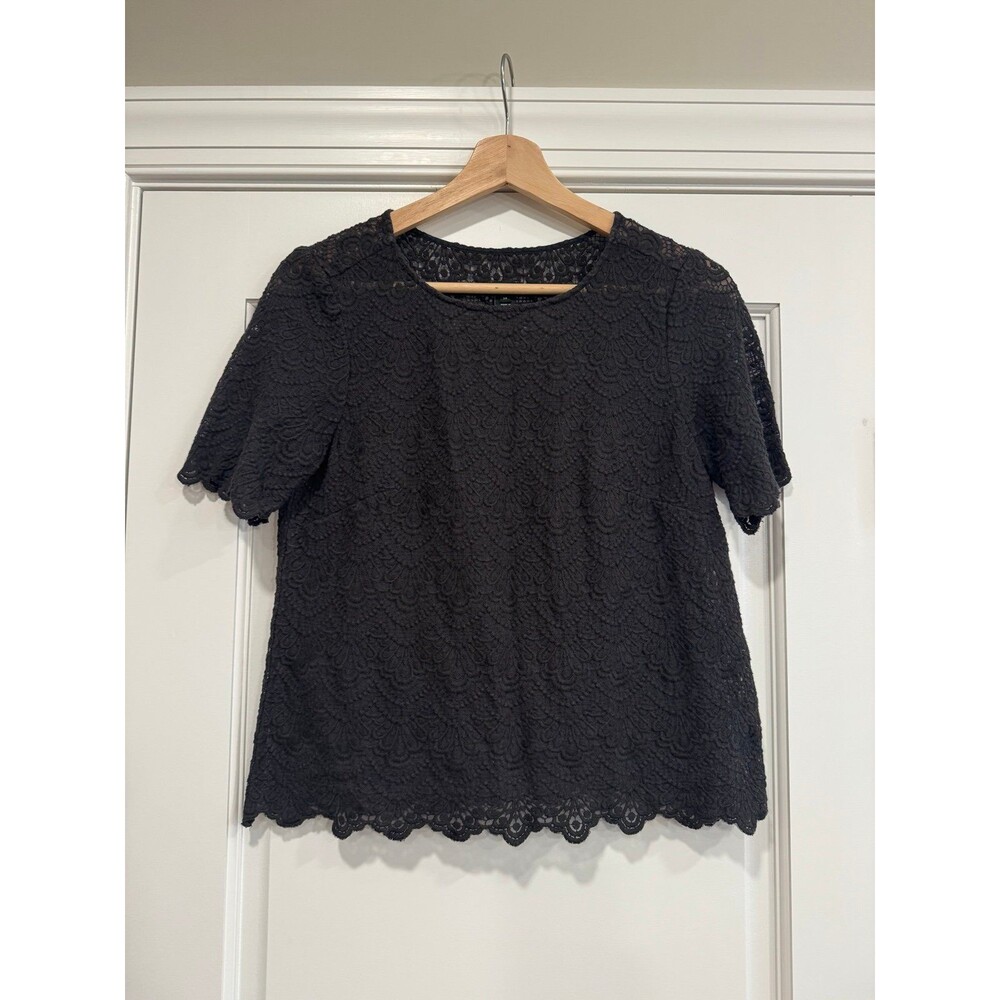J.Crew Dark Gray Short Sleeve Sheer Lace Blouse